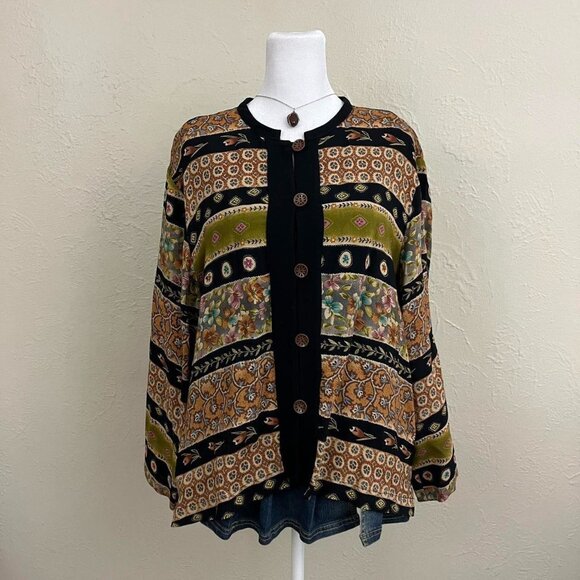 vintage 90s striped quirky boho whimsygoth rayon button up light weight shirt ja - Picture 2 of 8